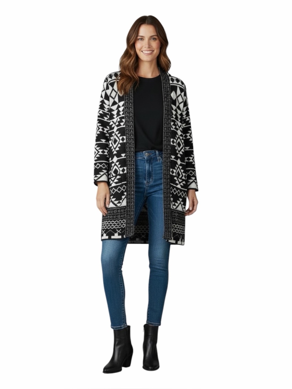 Frye NWT Women’s Black & White Geometric Pattern Open-Front Cardigan Size Large - Picture 15 of 16